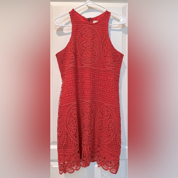 Revolve| Lovers + Friends Warm Red Sleeveless Crochet Lace Mini Shift Dress - Picture 2 of 11